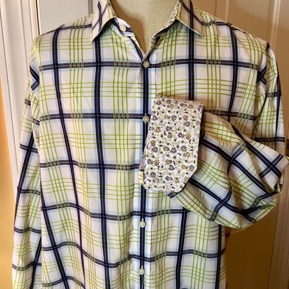 NWOT Thomas Dean‎ White Navy Green Blue Plaid Shirt w/ Floral Flip Cuff Size XL - Picture 1 of 6